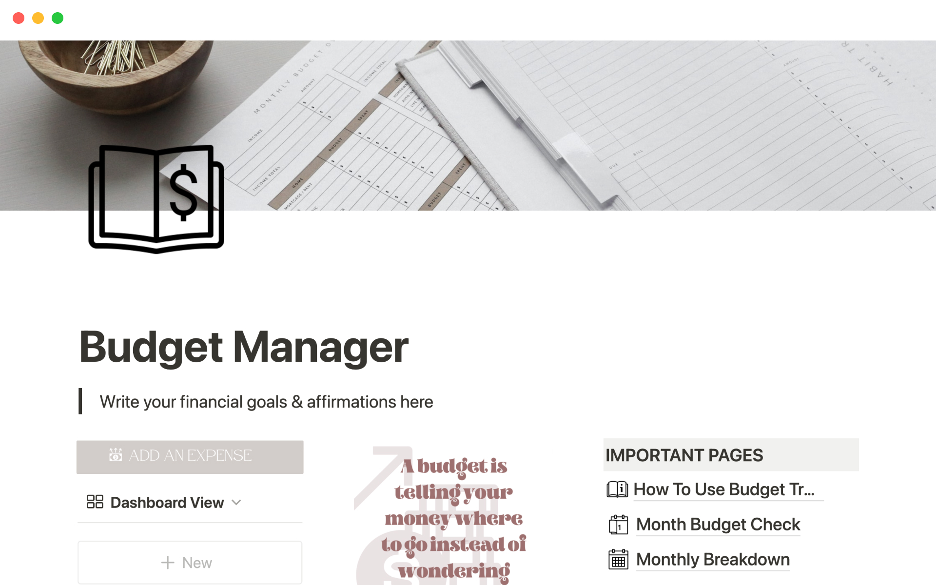 A template preview for Budget manager