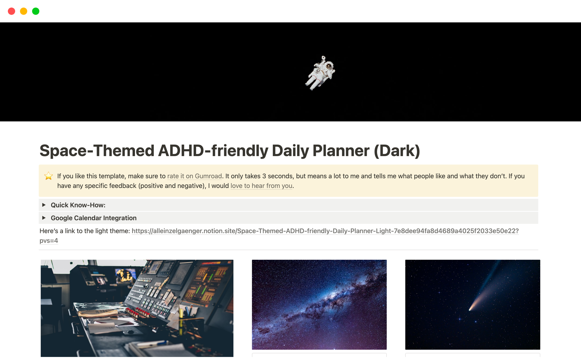 SpaceThemed ADHDfriendly Daily Planner Notion Template