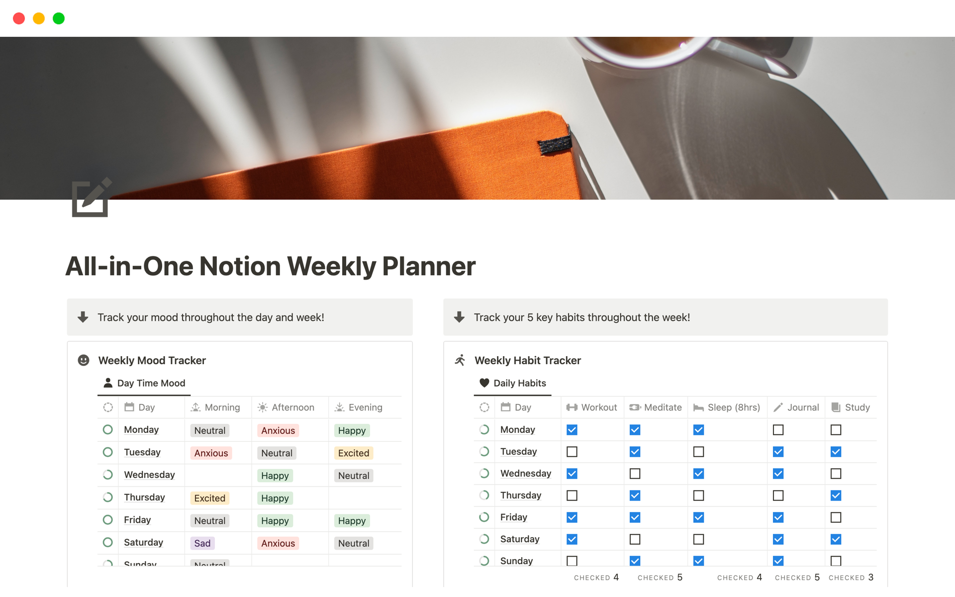 A template preview for All-in-One Notion Weekly Planner