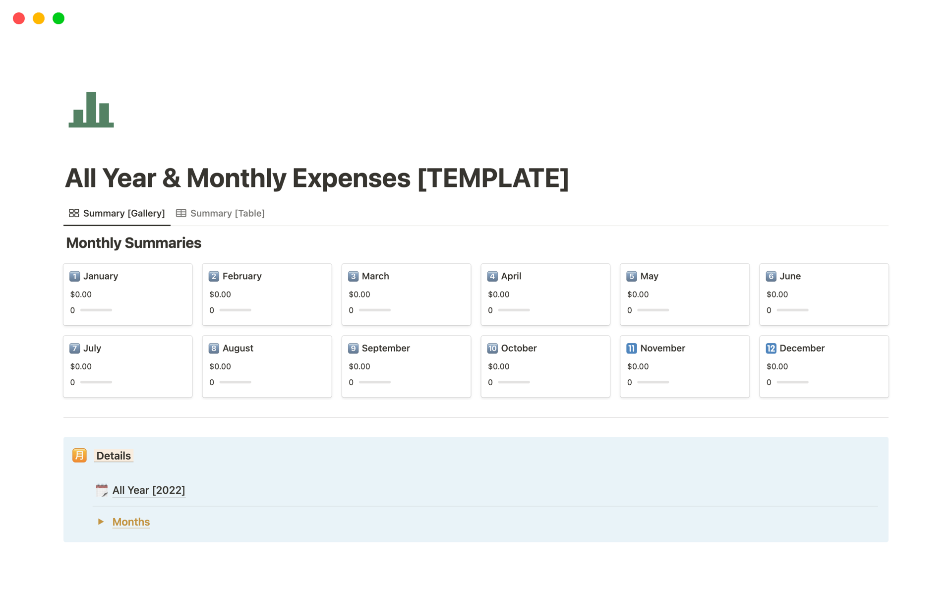 A template preview for All Year & Monthly Expenses