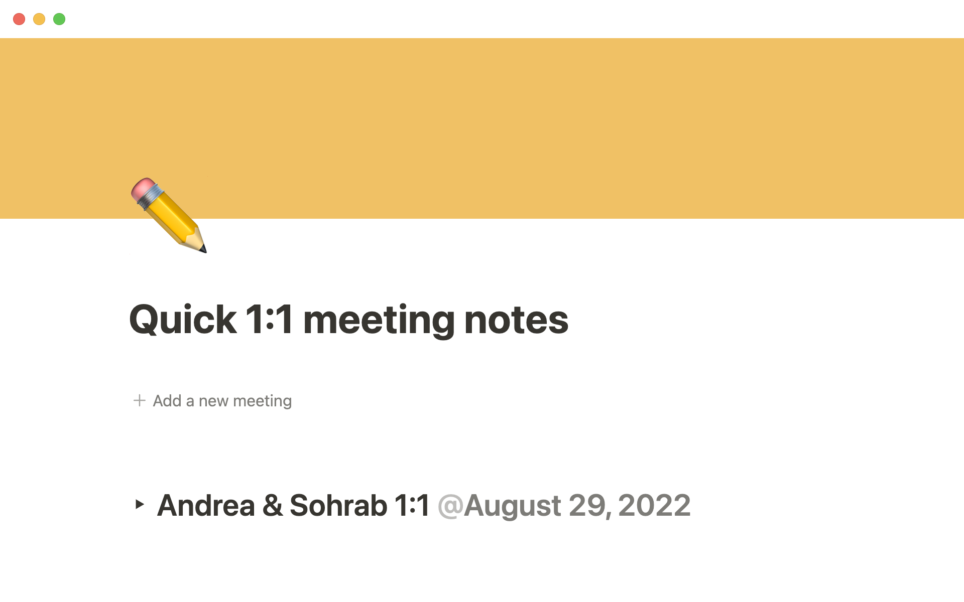 A template preview for Quick 1:1 meeting notes
