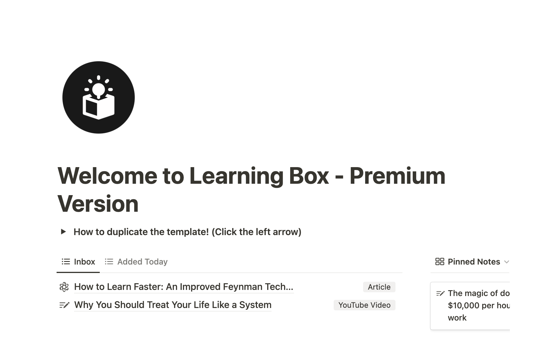 A template preview for Learning Box