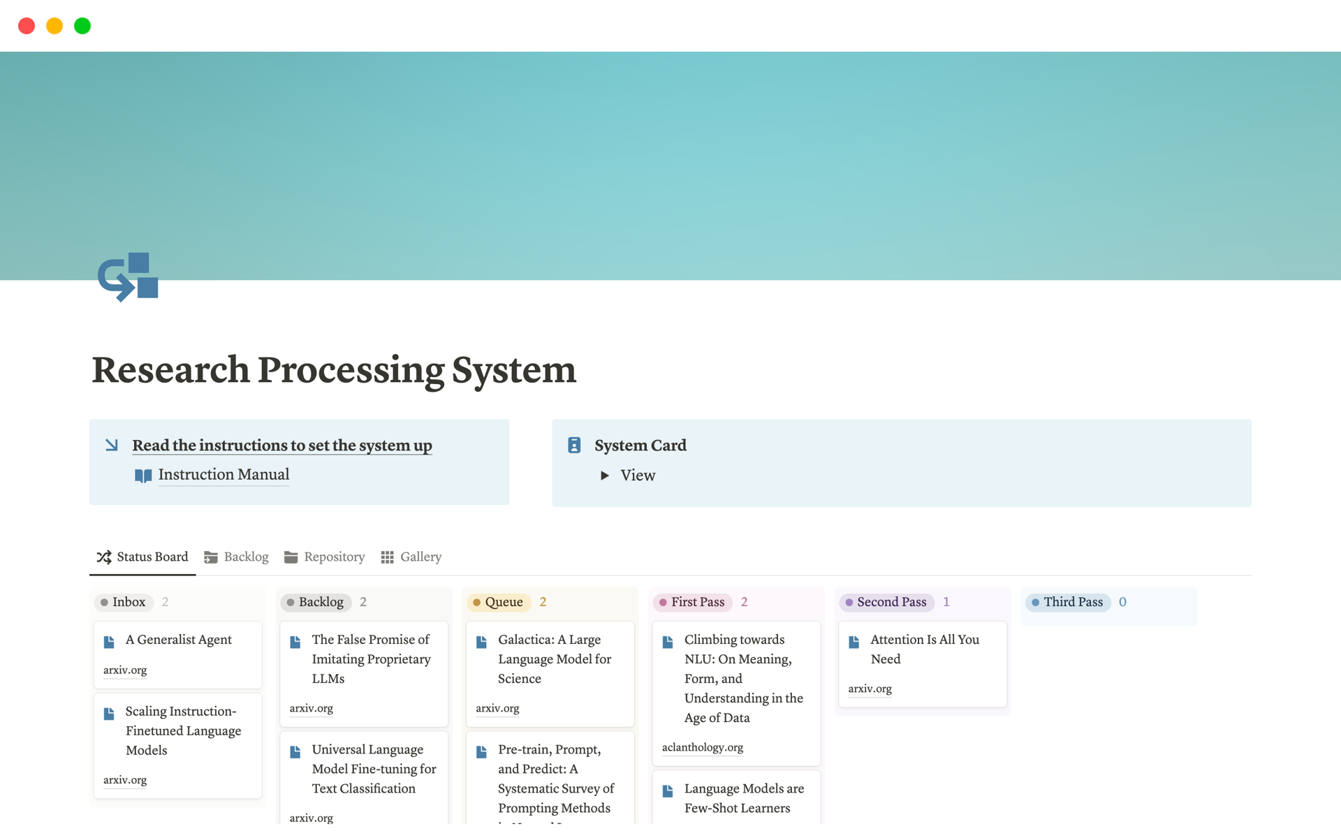 Eine Vorlagenvorschau für Research Processing System