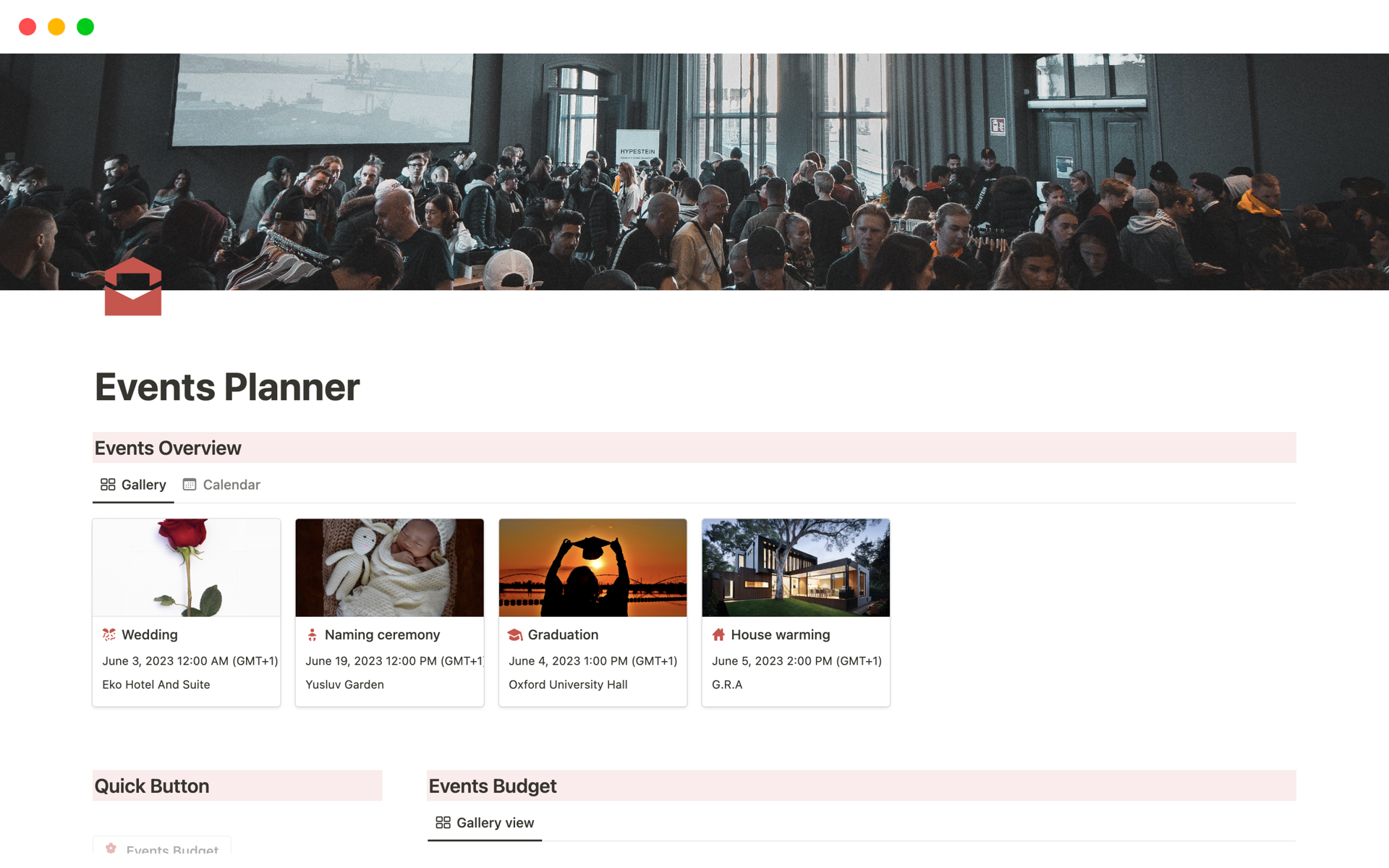 A template preview for Events Planner