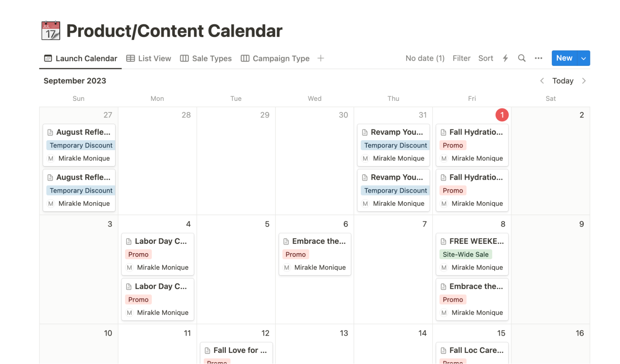 Email/SMS Product Content Calendar