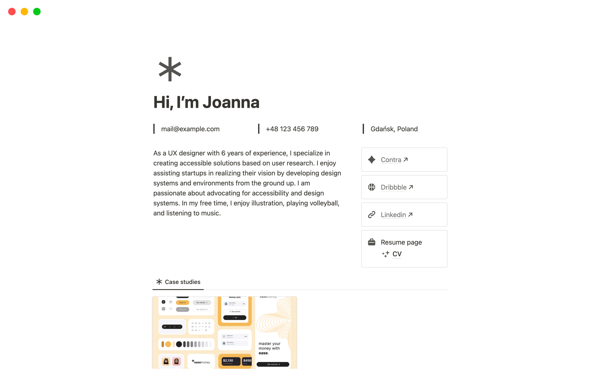 A template preview for UX Portfolio & Case Study + Tips