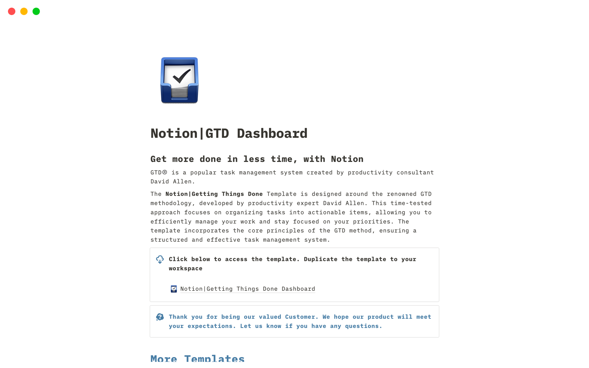 A template preview for Notion|GTD Dashboard