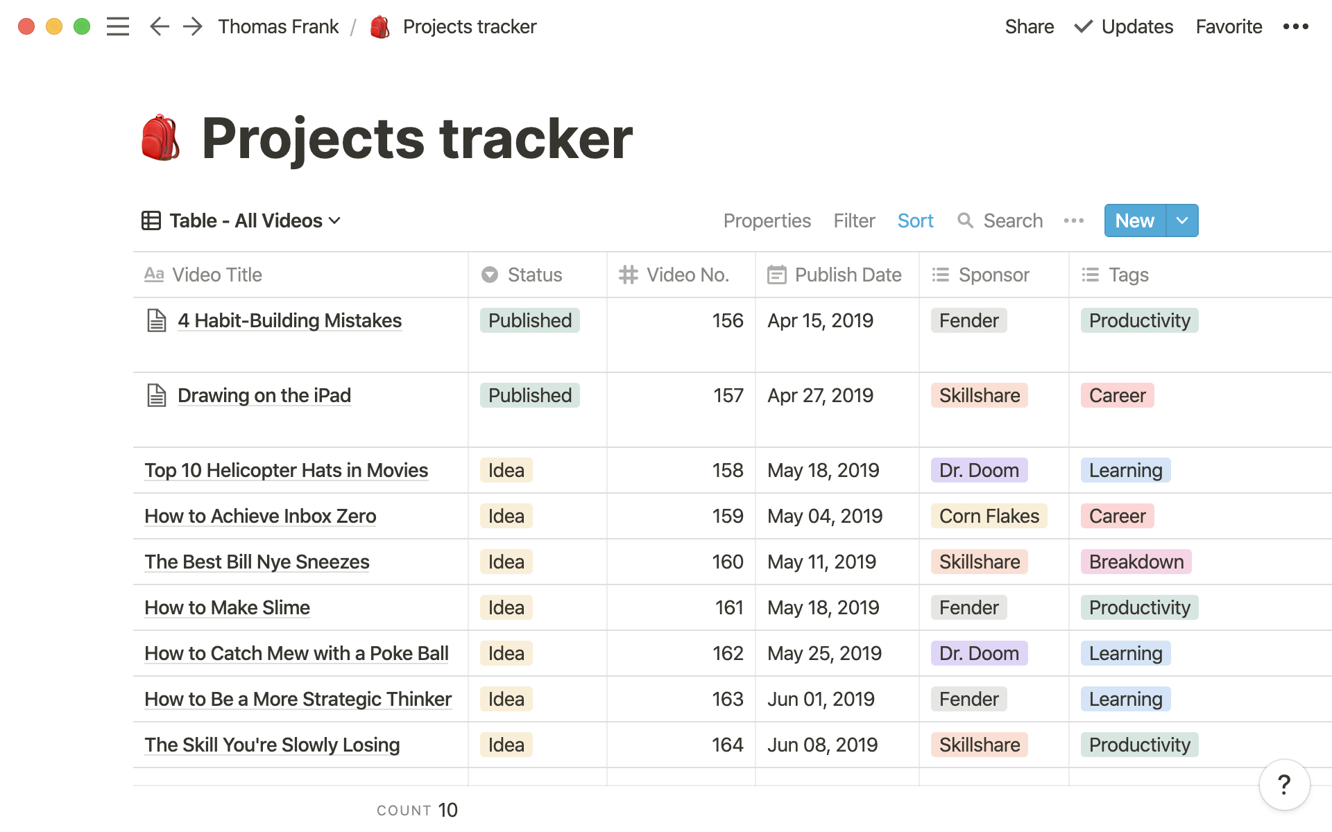 Projects tracker screenshot on Notion