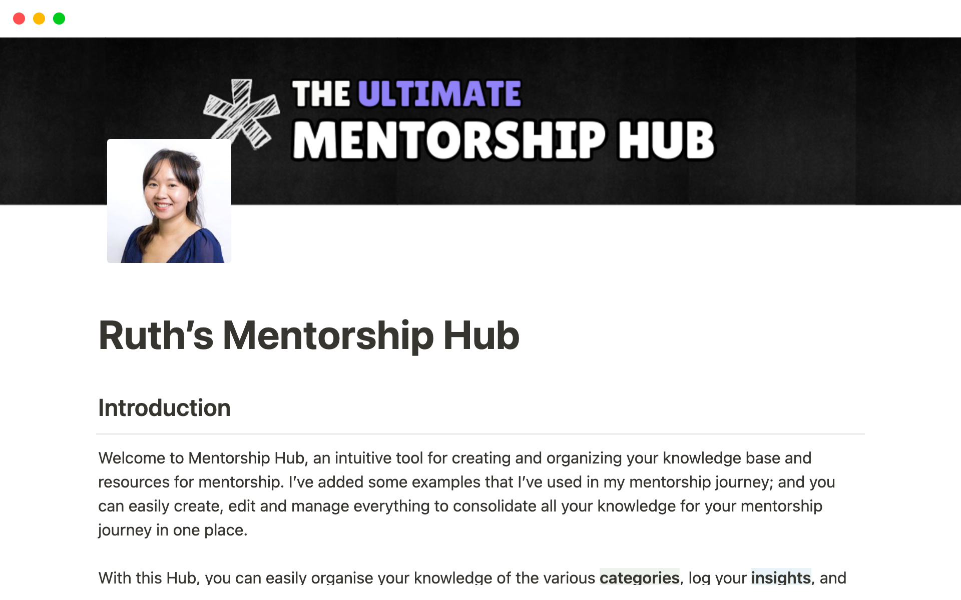 A template preview for Ruth's Mentorship Hub