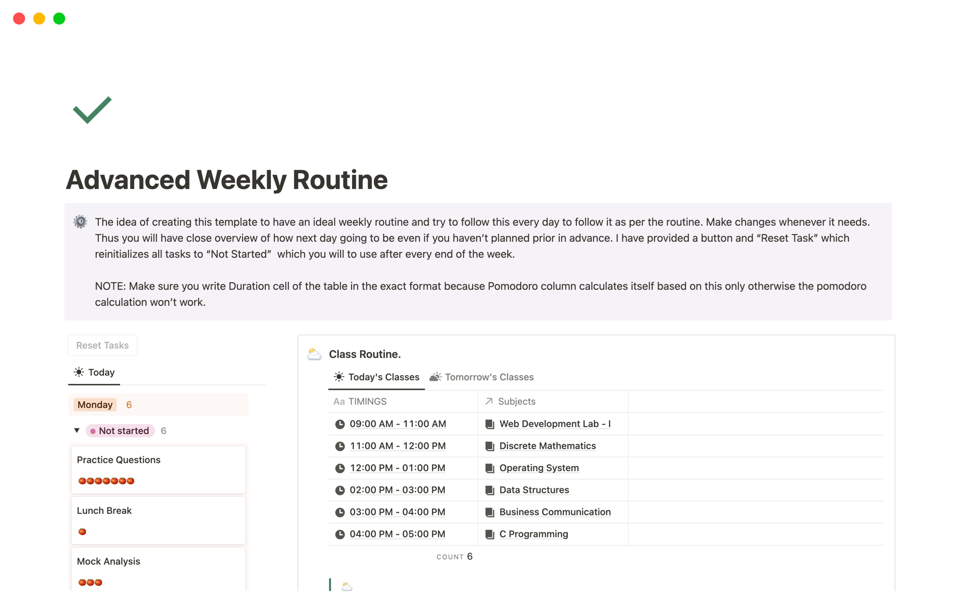 A template preview for Advanced Weekly Routine