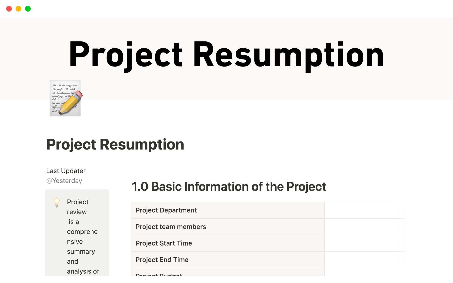 A template preview for Project Resumption