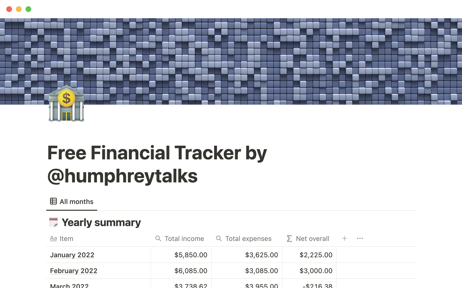 A template preview for Humphrey Yang’s financial tracker