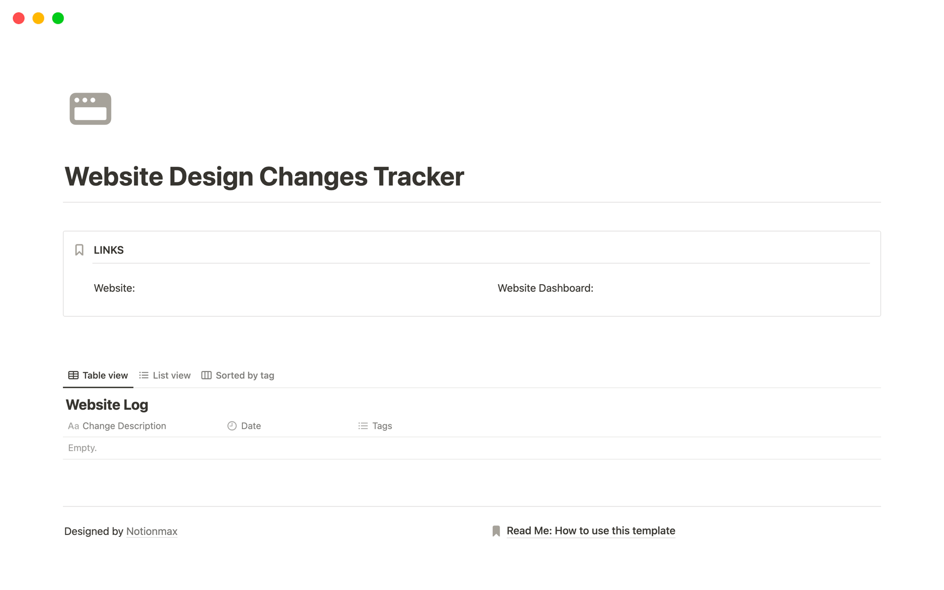A template preview for Website Design Changes Tracker