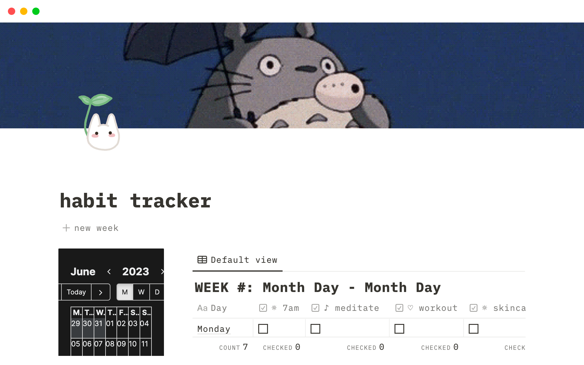 A cute habit tracker equipped with an easy-to-use template button and archive feature!