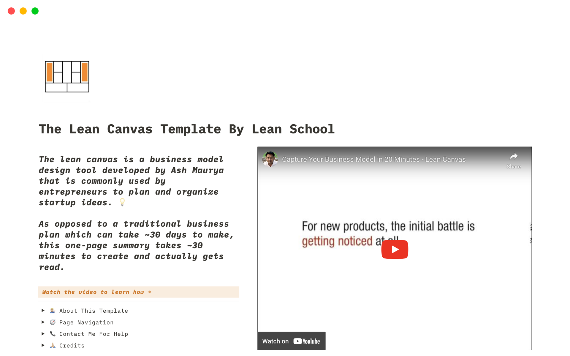 A template preview for The Lean Canvas Template By Lean School