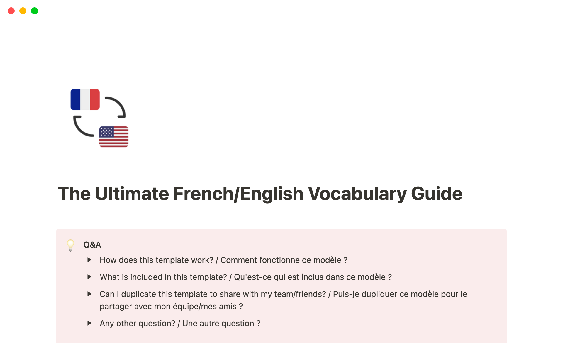A Notion template that helps you learn French (or English, for French speaking) vocabulary faster and more easily.