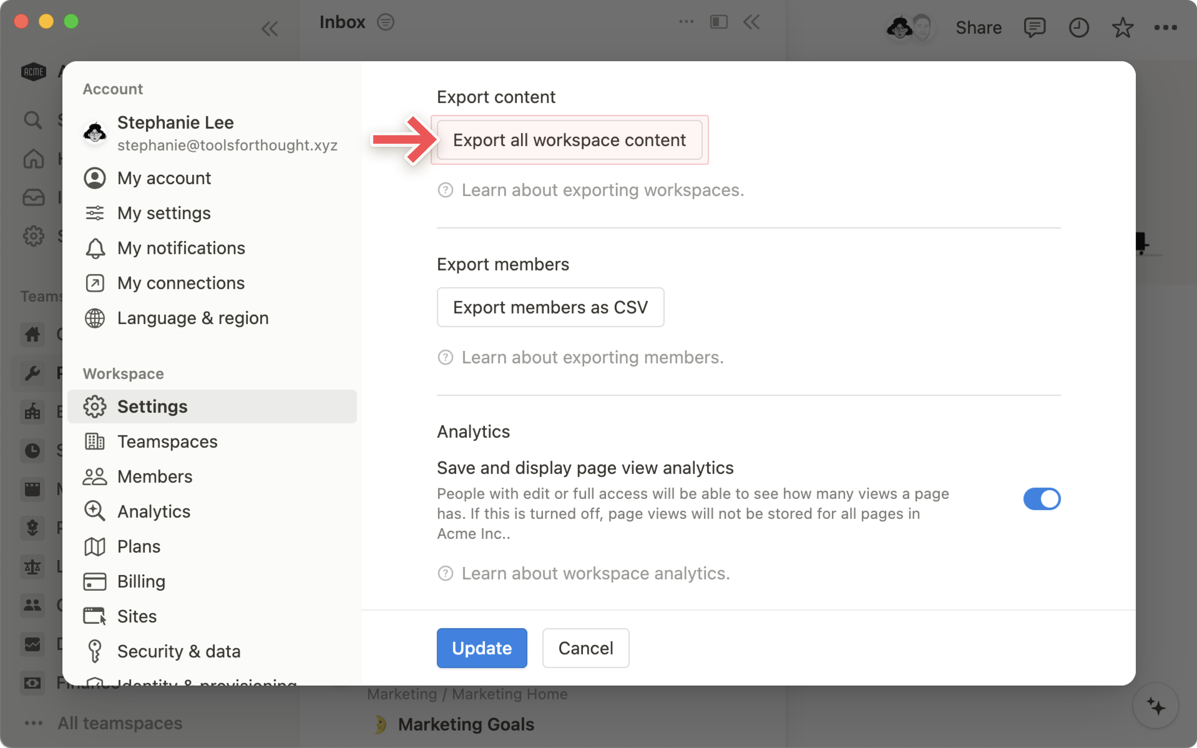 Workspace settings - export entire workspace