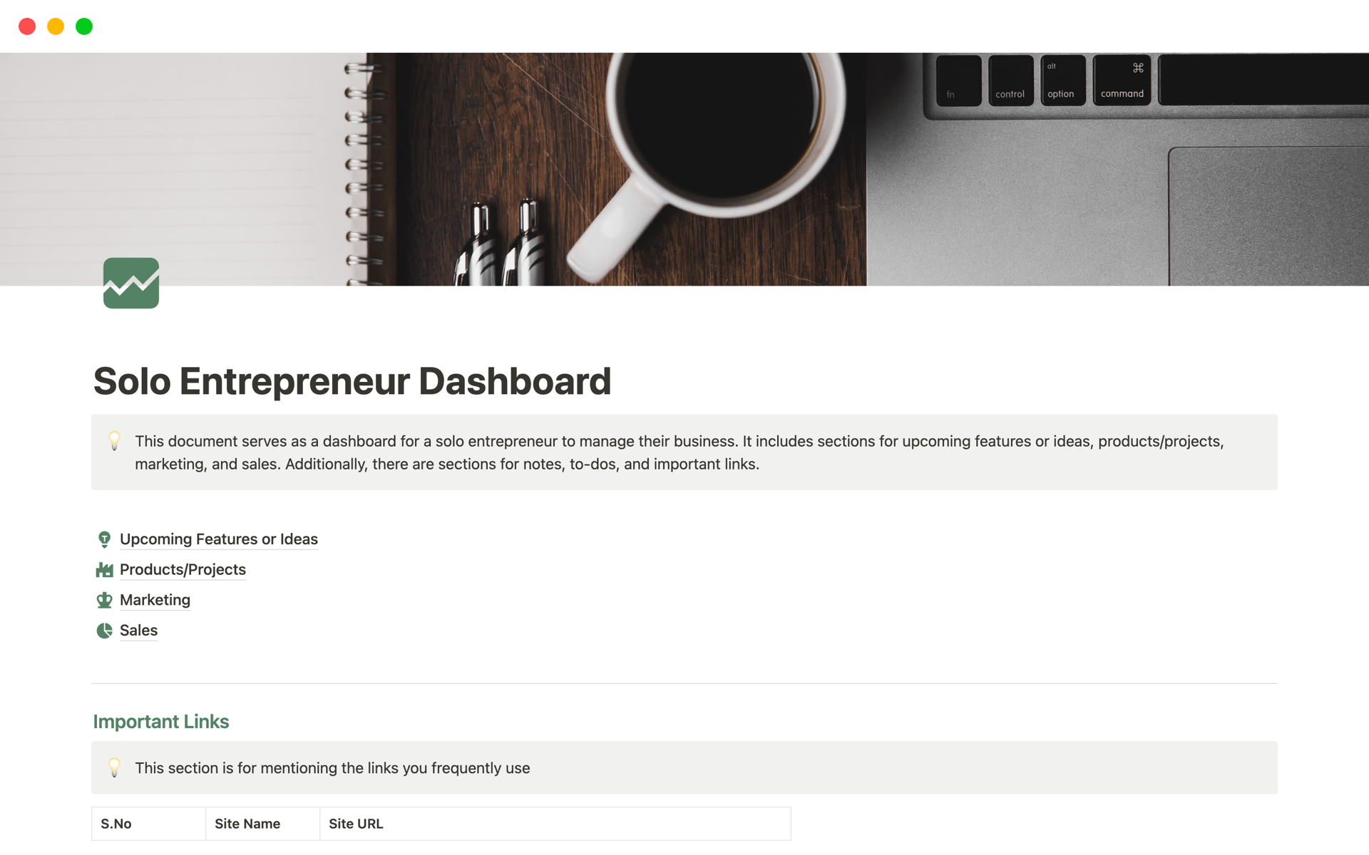 A template preview for Solo Entrepreneur Dashboard