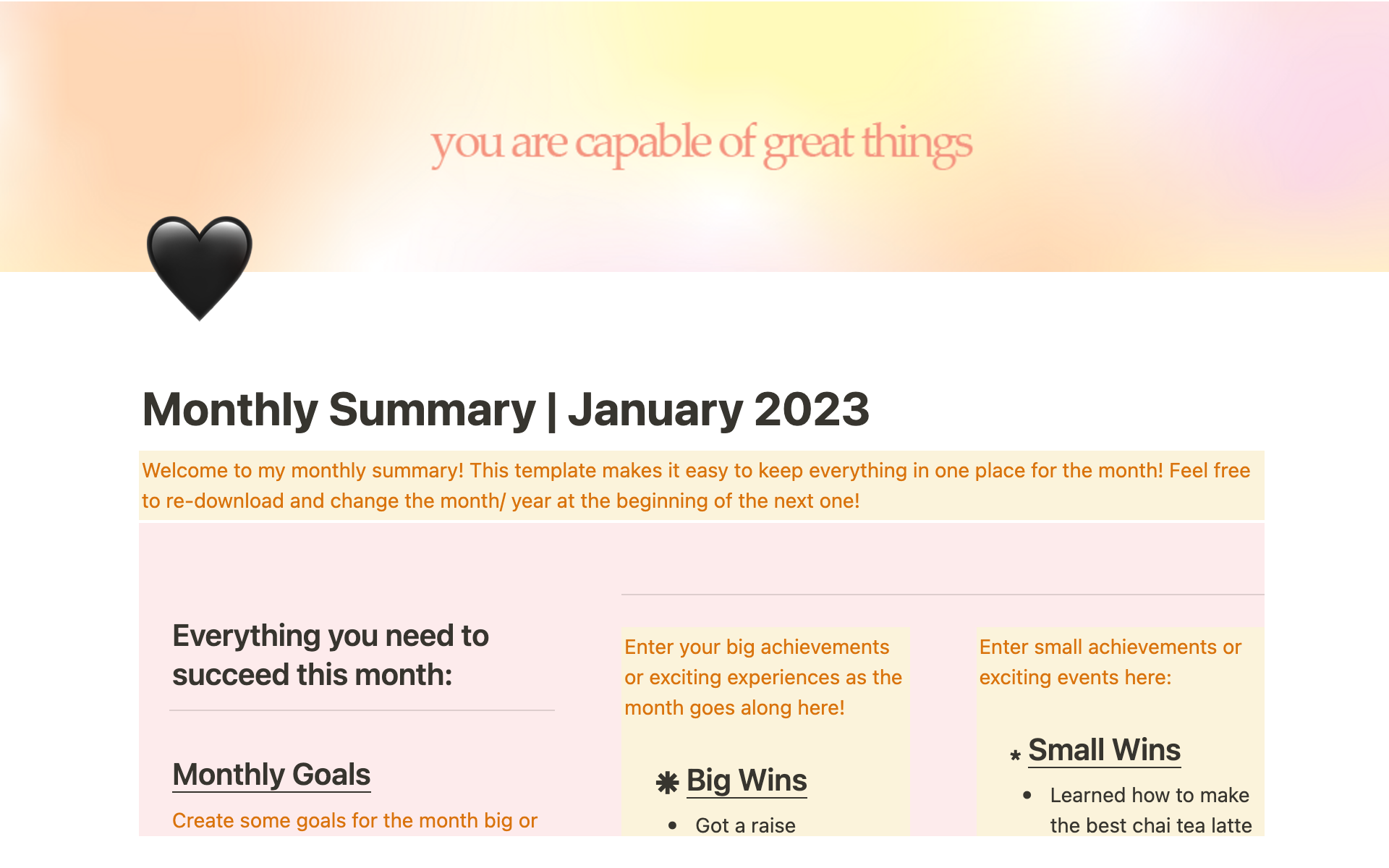 A template preview for Monthly Summary