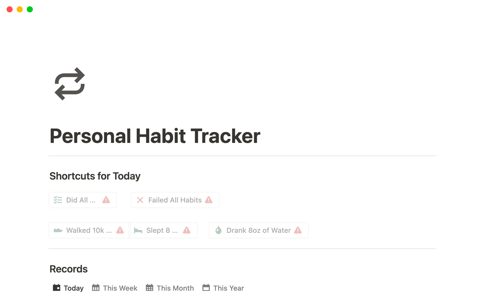 Personal Habit Tracker Notion Templateのテンプレートのプレビュー