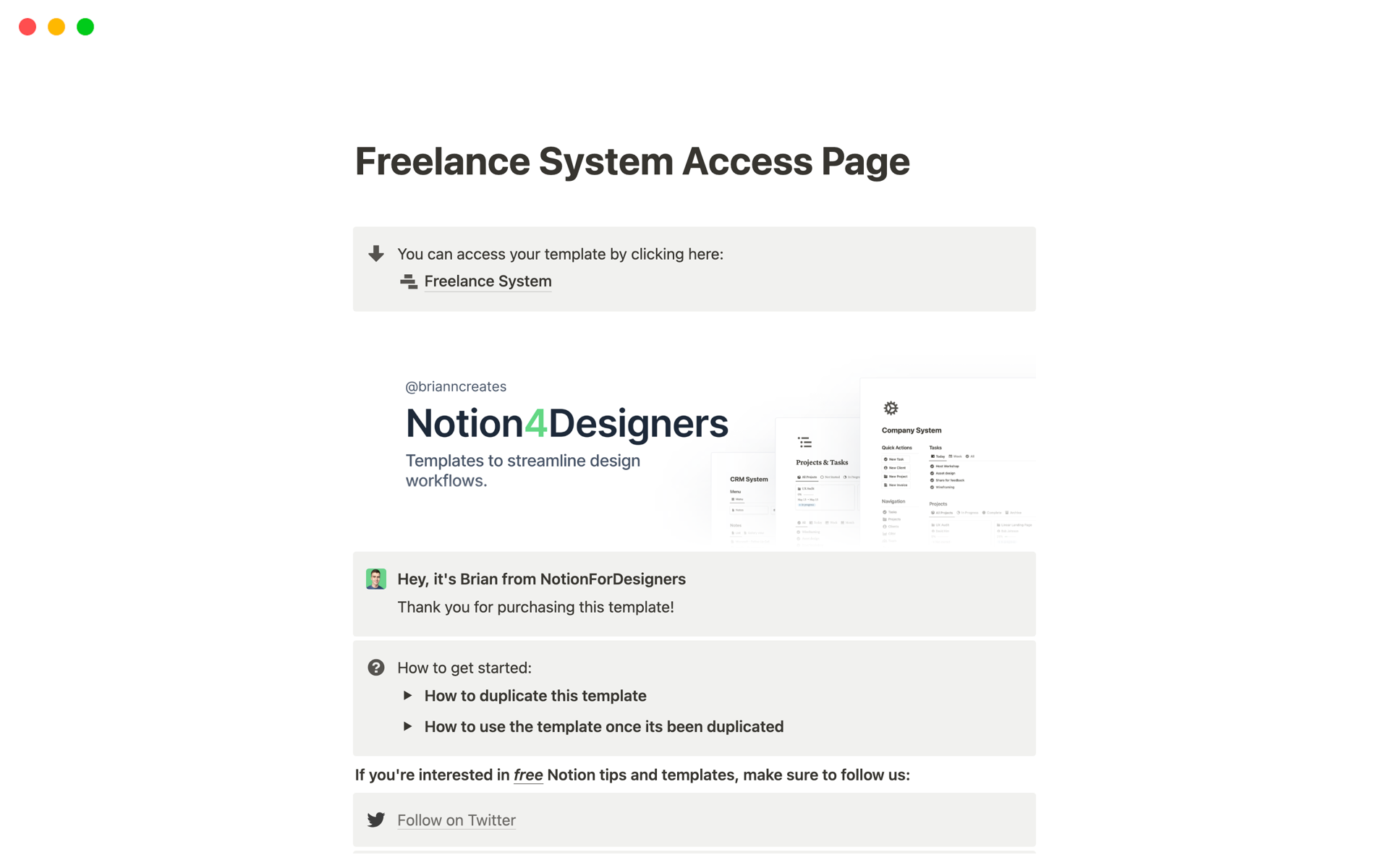 A template preview for Freelance System 