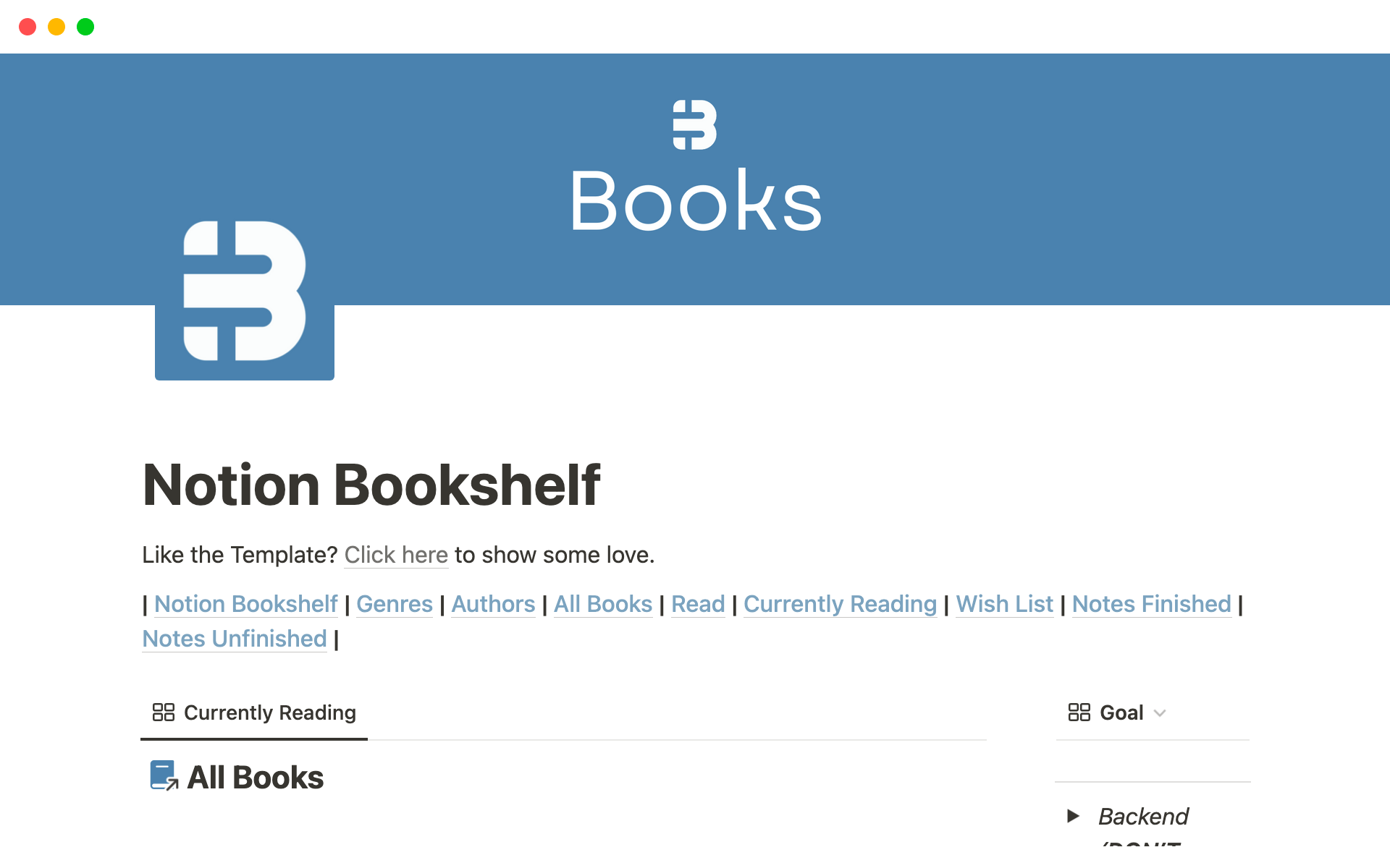 A template preview for Notion Bookshelf