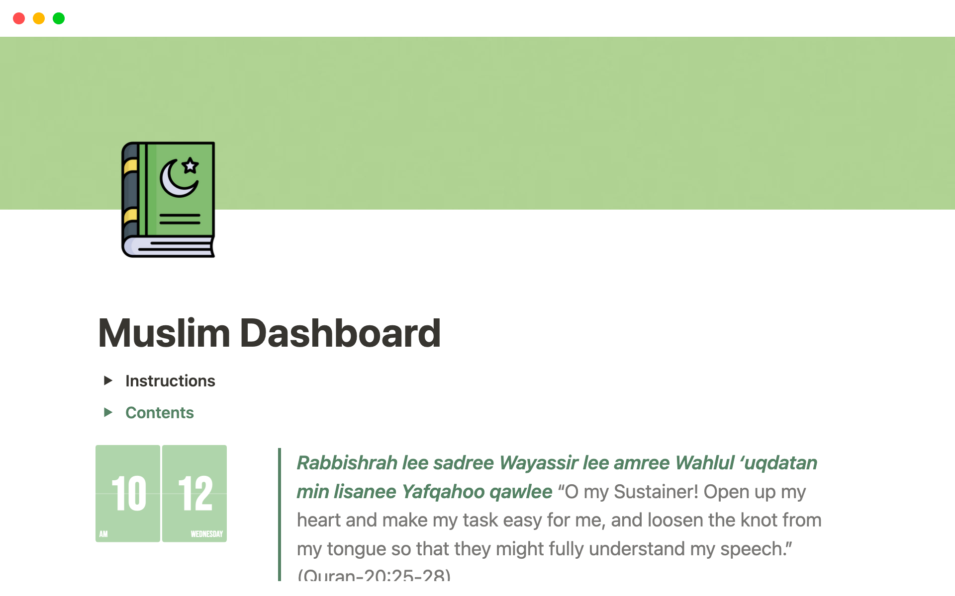 The Muslim dashboard template enhances and simplifies daily Islamic routines with customizable features such as automatic prayer times, a Hijri calendar, Ramadan and Eid countdowns, habit and goal trackers, and more.