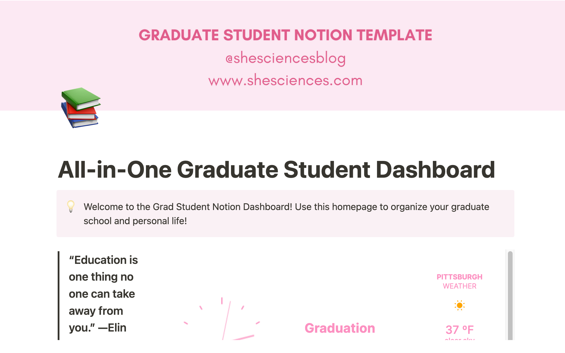 All-In-One Graduate Student Notion Dashboardのテンプレートのプレビュー