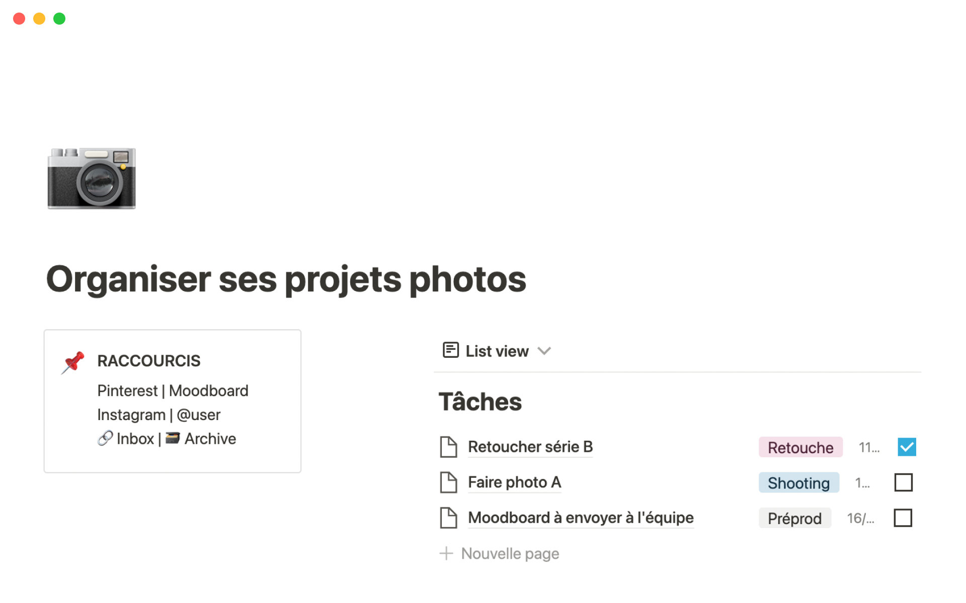 A template preview for Organiser ses projets photo