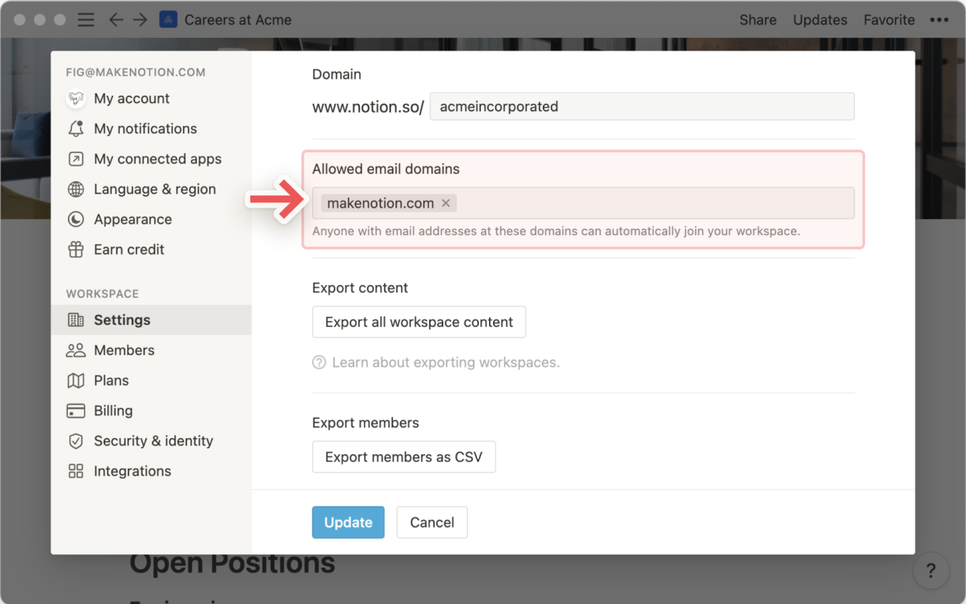 Workspace-Einstellungen – Zulässige E-Mail-Domains