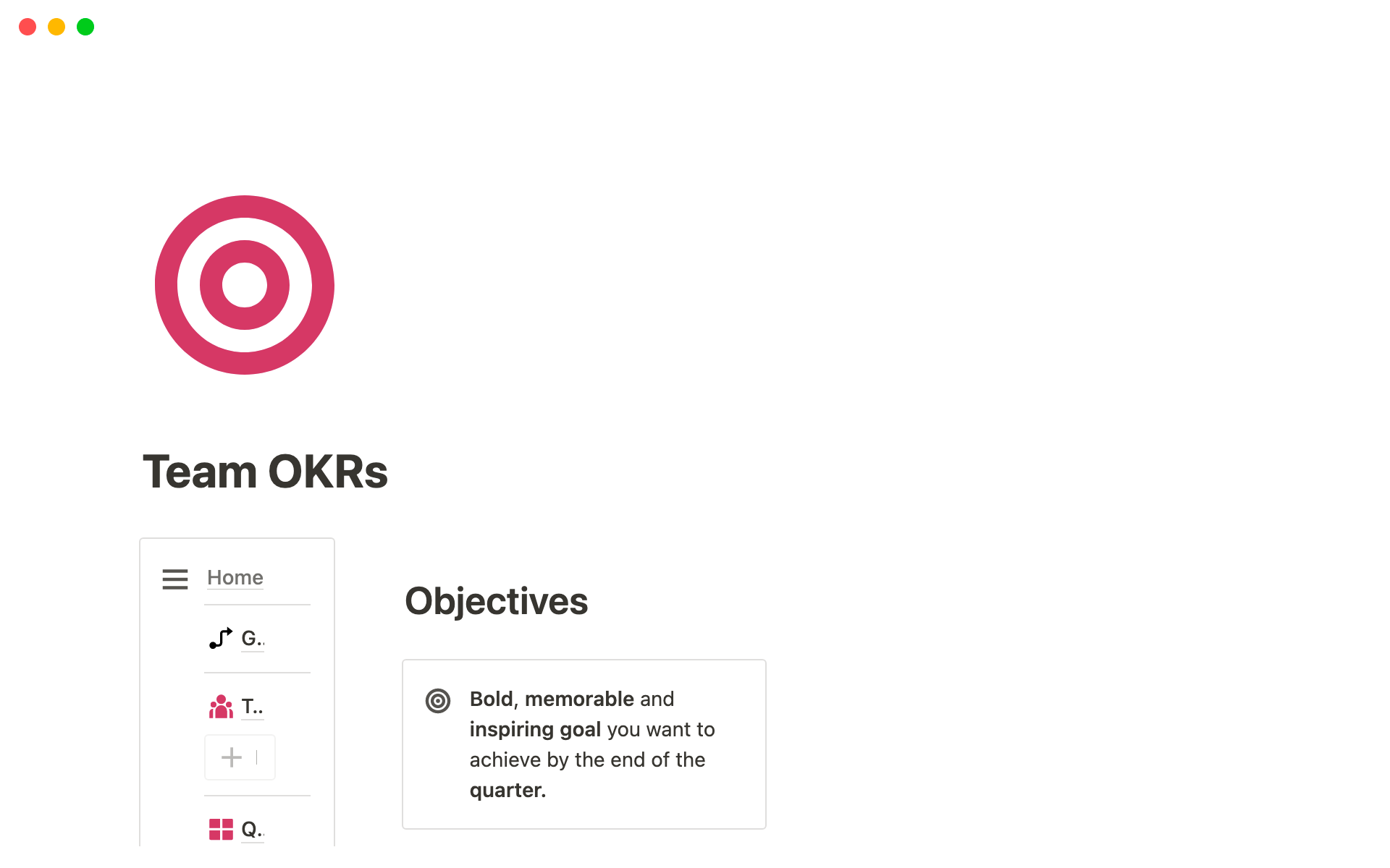 The OKR Notion dashboard helps set teams' goals and align everyone towards the same Objectives and Key Results.