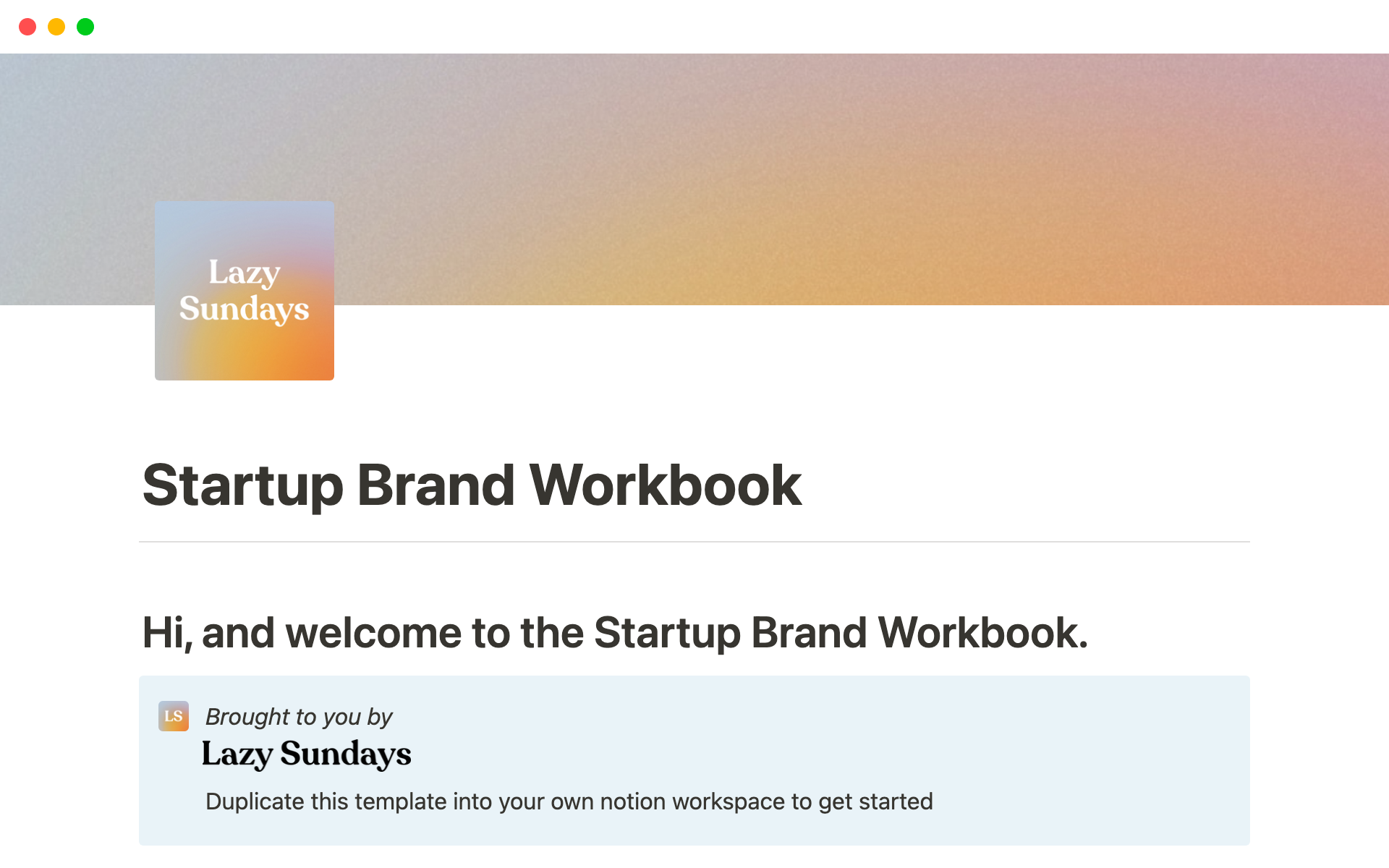 A template preview for Startup Brand Workbook