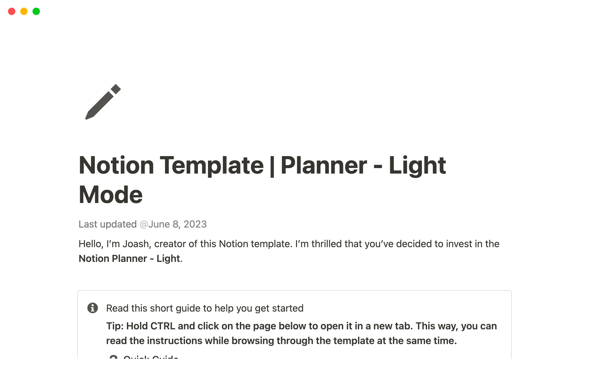 A template preview for Notion Planner