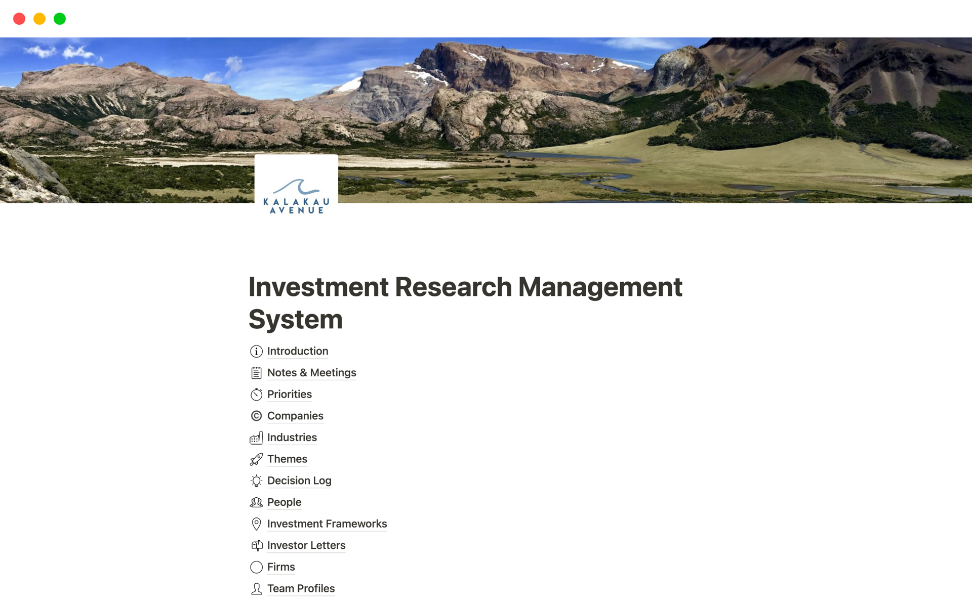 A template preview for Investment Research Management System