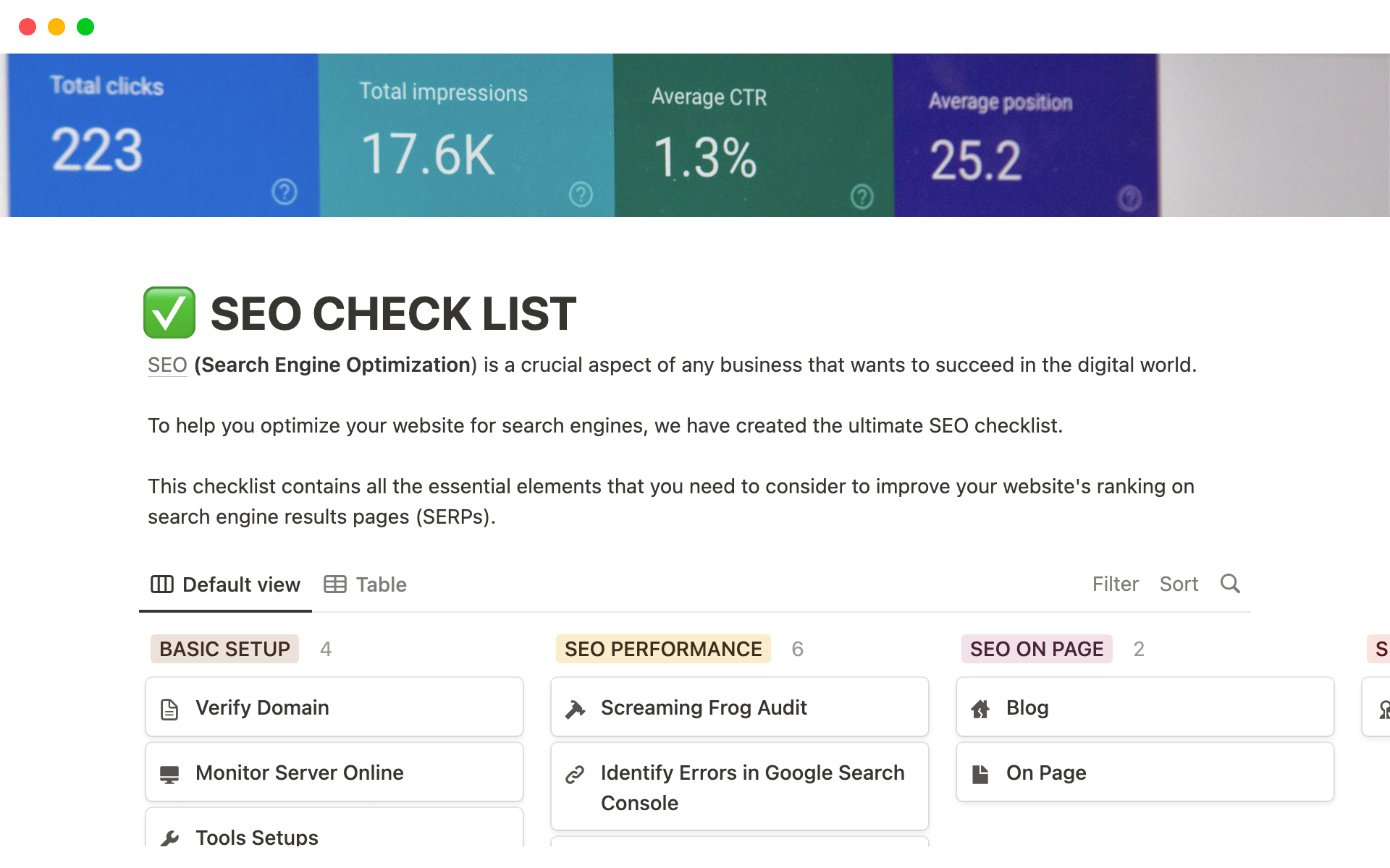 A template preview for SEO CHECK LIST