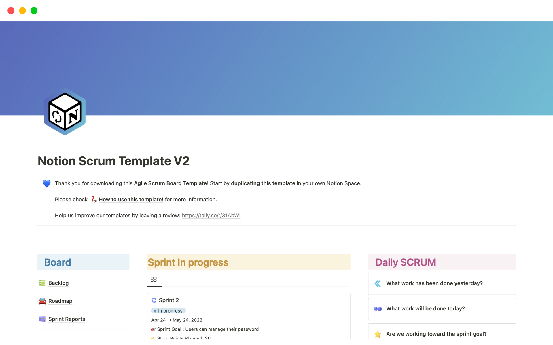 A template preview for Notion Scrum Template