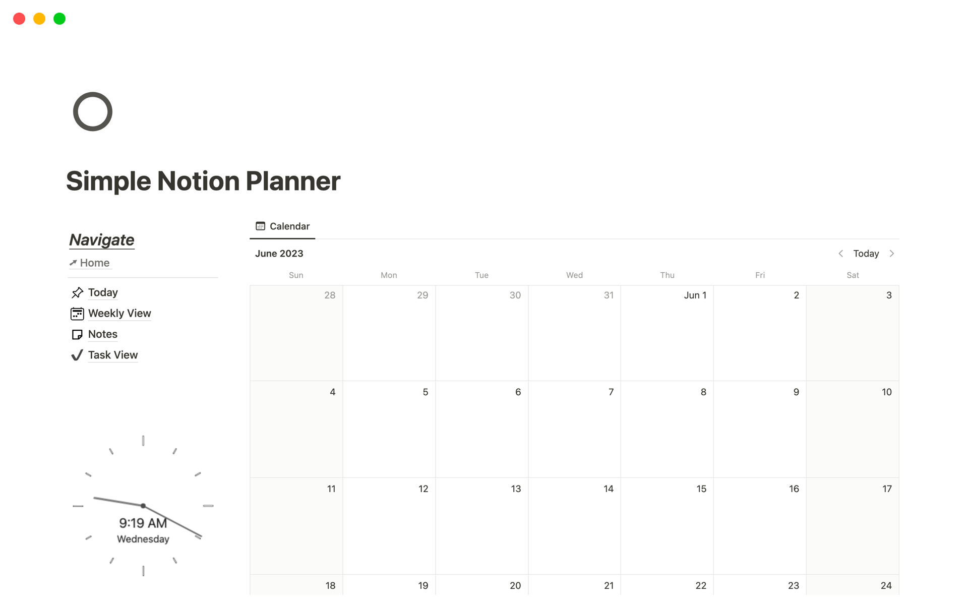 A template preview for Simple Notion Planner