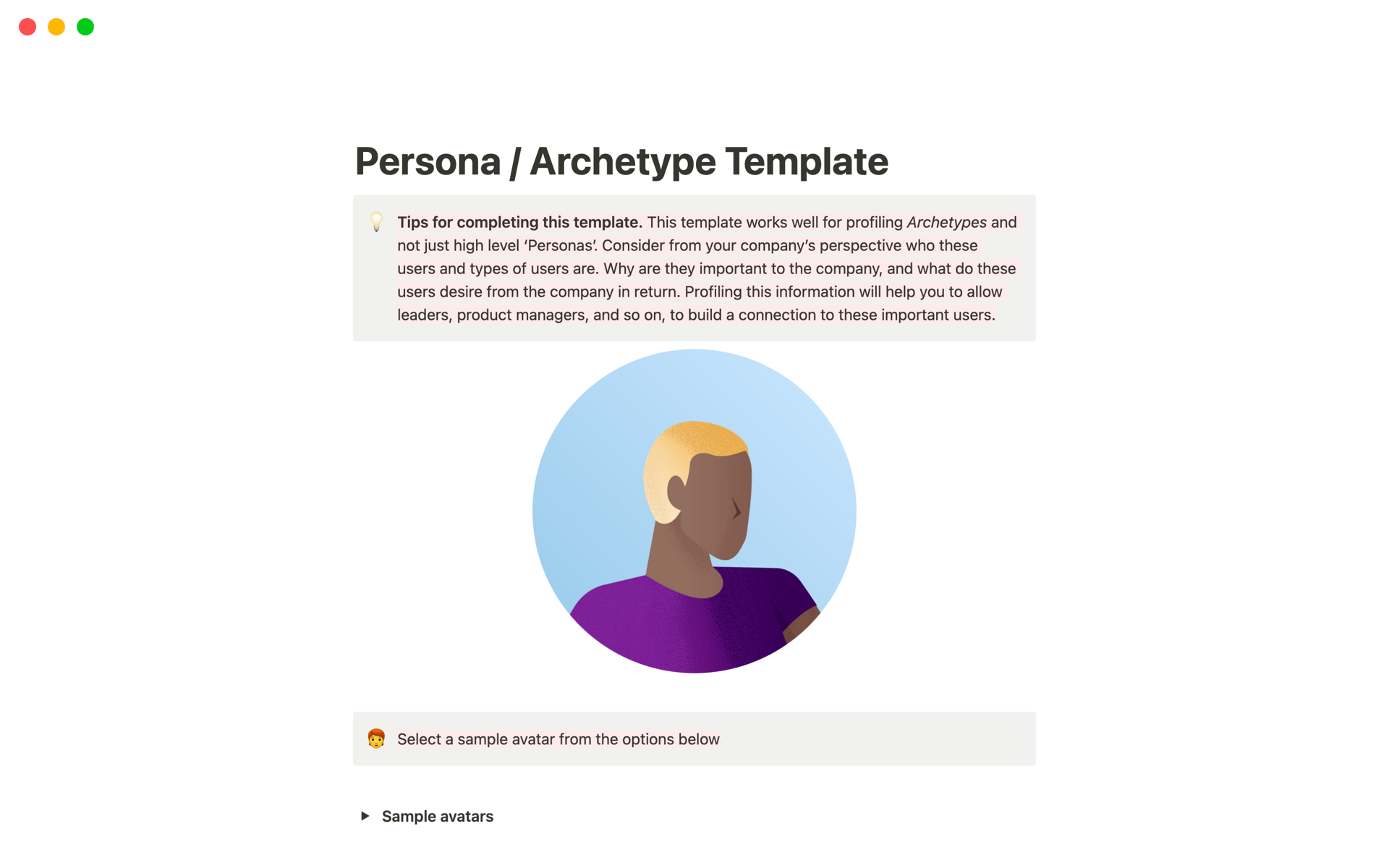 A template preview for User Persona and Archetype Template