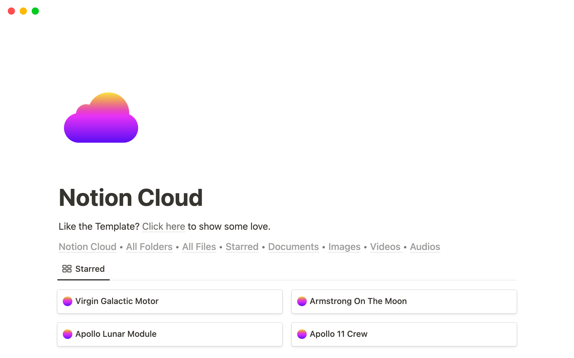 A template preview for Notion Cloud