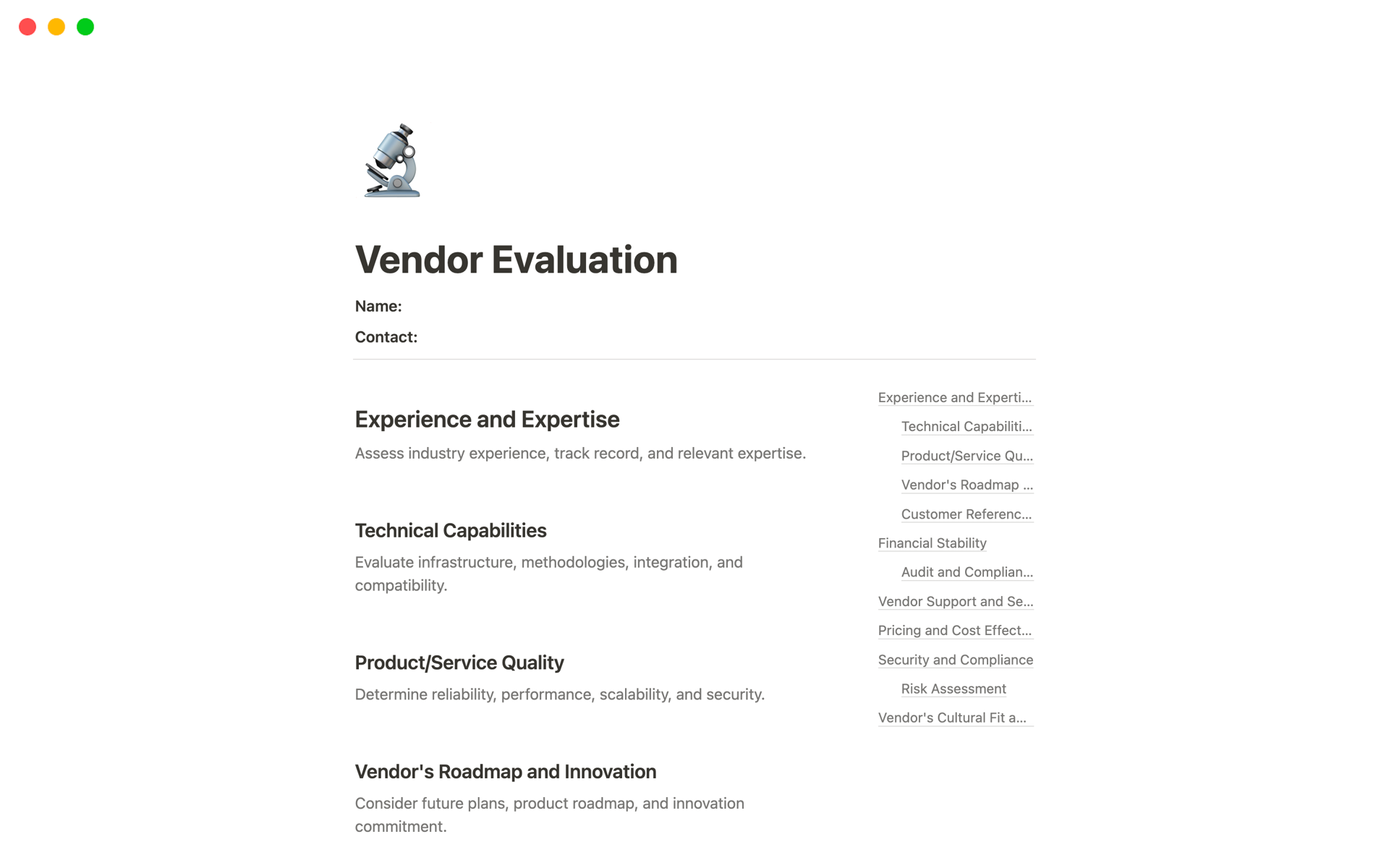 A template preview for Vendor Evaluation