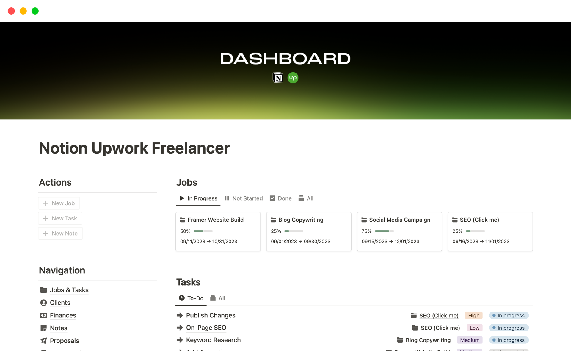 A template preview for Notion Upwork Freelancer