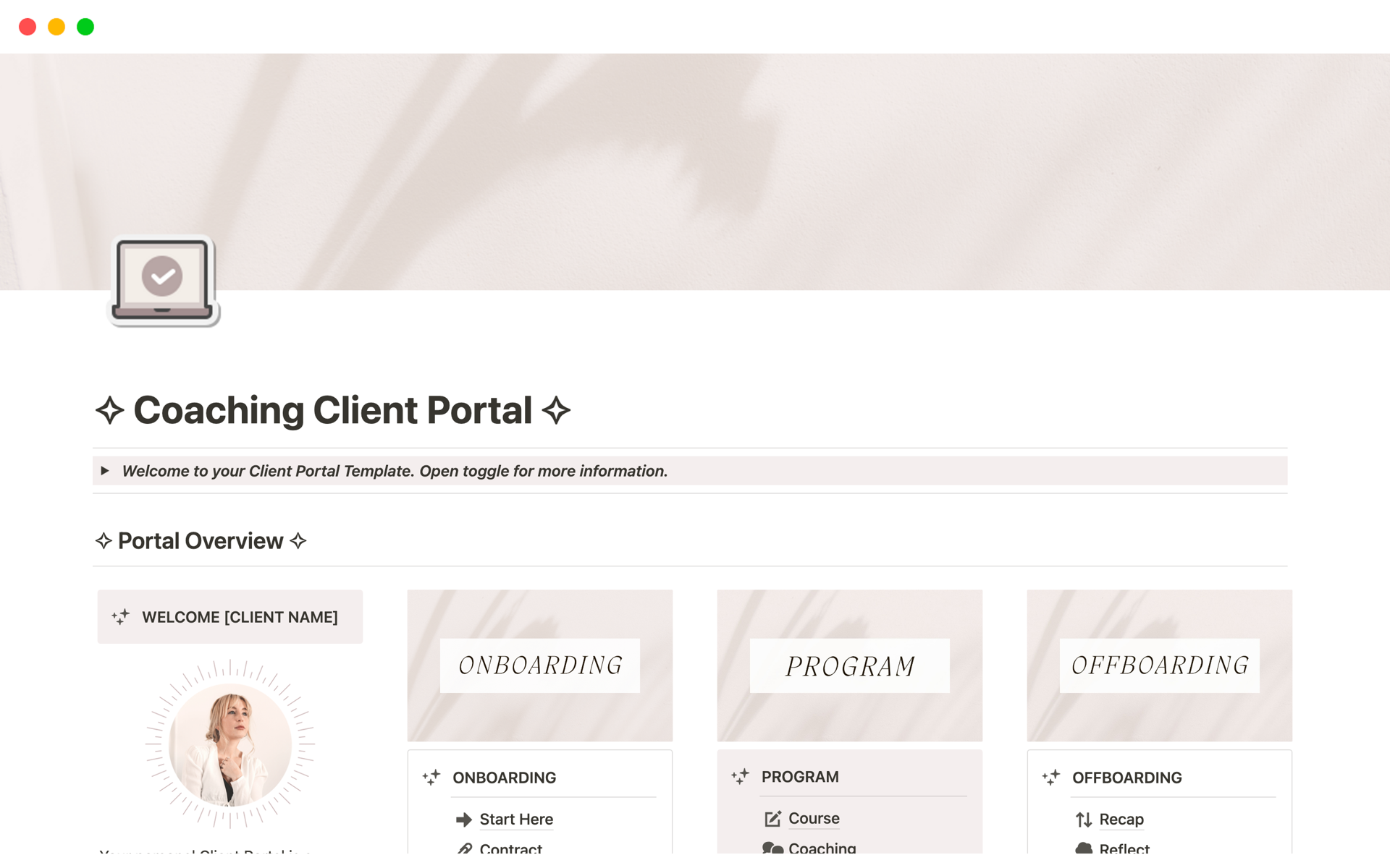 A template preview for Coaching Client Portal