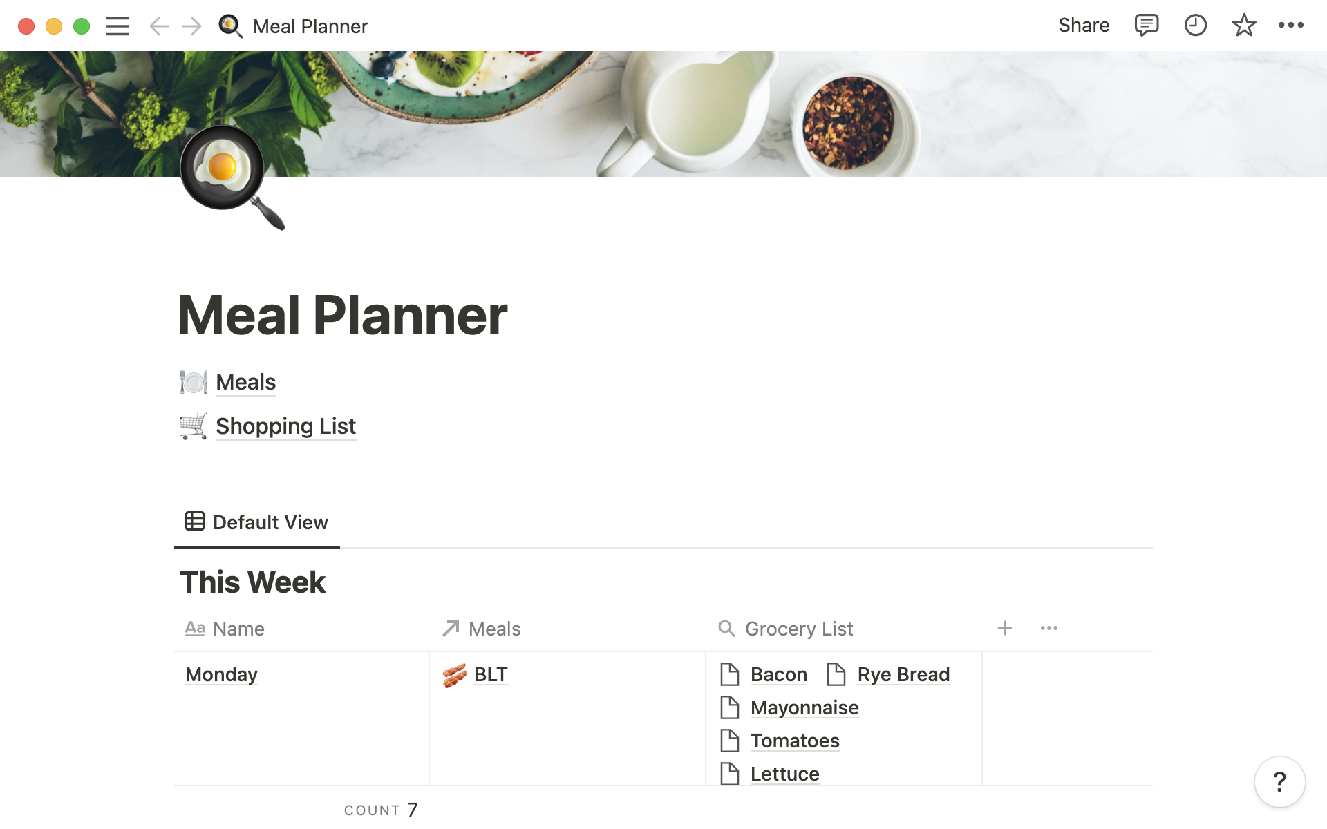 Capture recipes and ideas for meals, schedule them on a weekly basis, and generate a grocery list.