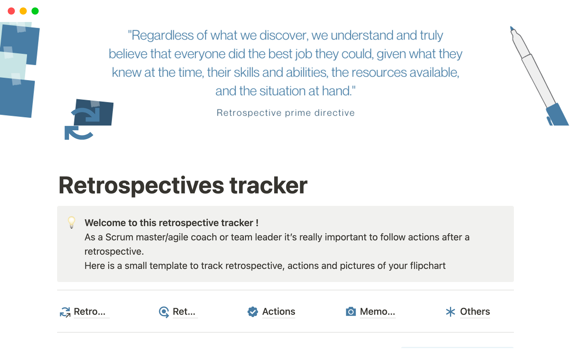 A template preview for Retrospective tracker