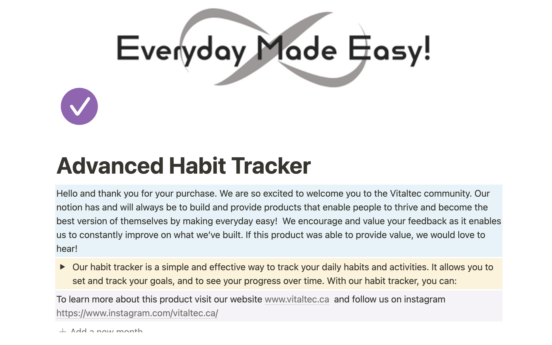 A template preview for Advanced Habit Tracker