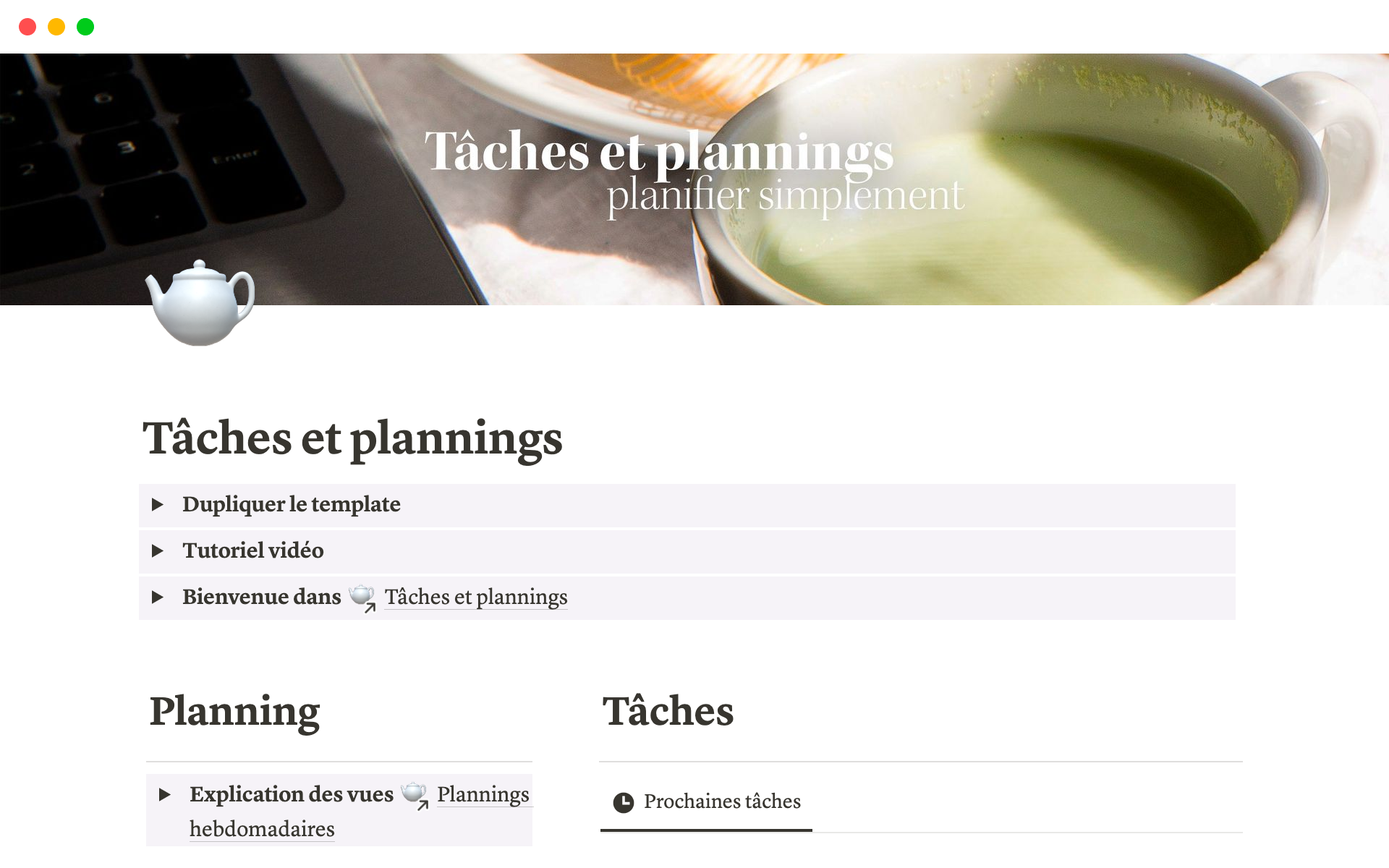 A template preview for Tâches et plannings