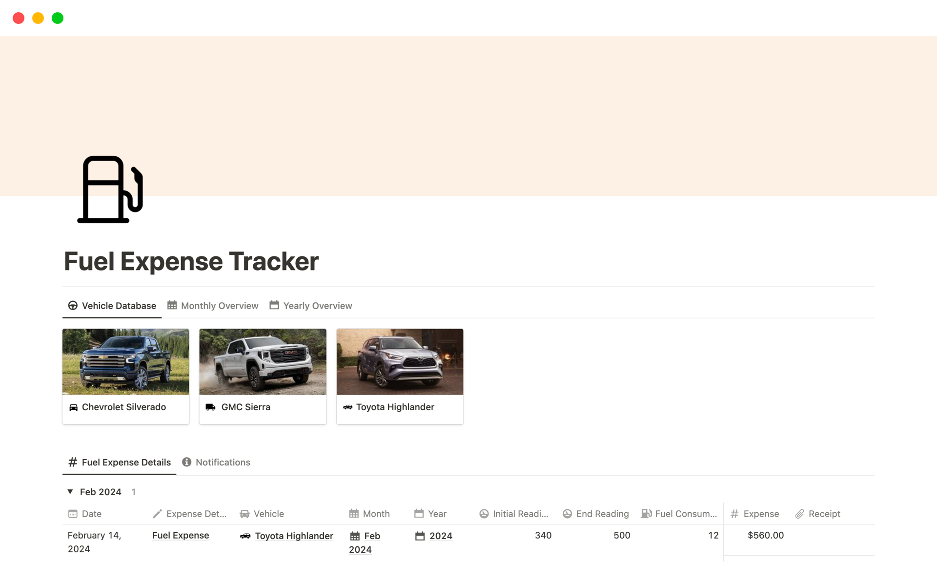 Fuel Expense Tracker Notion Template