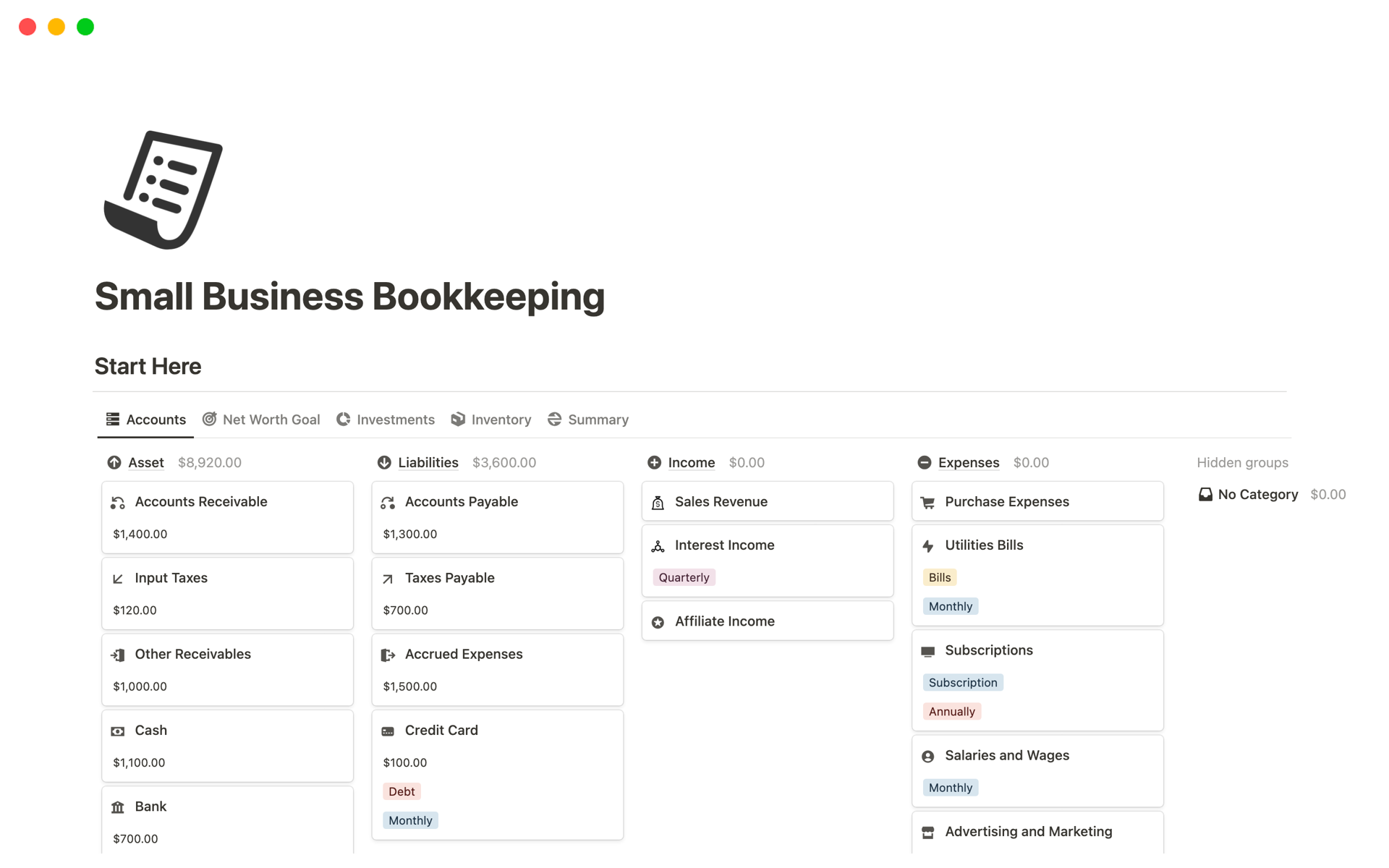 A template preview for Small Business Bookkeeping