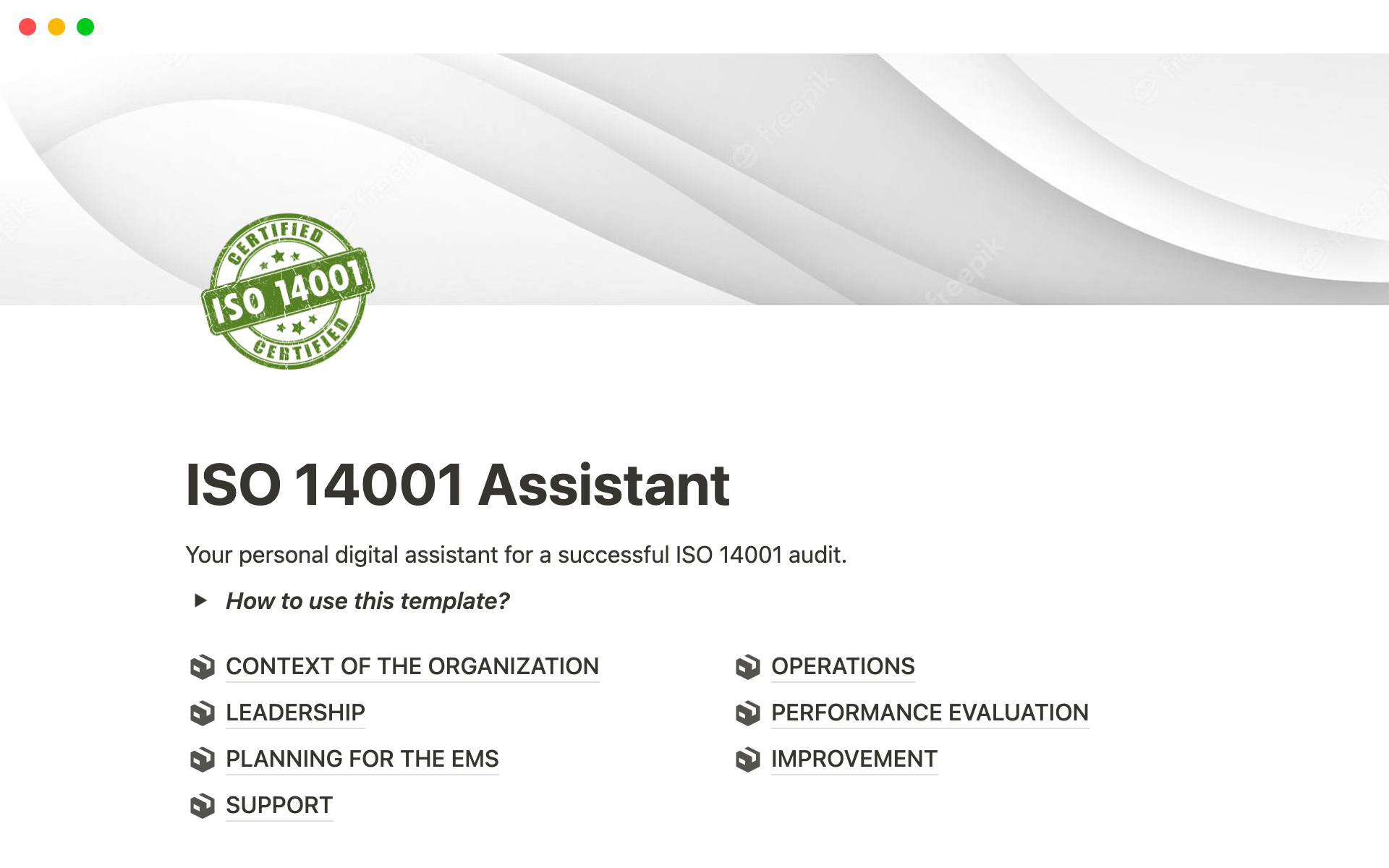 The ISO 14001 assistant is intended for persons in charge of preparing regular audits and recertification of standards.