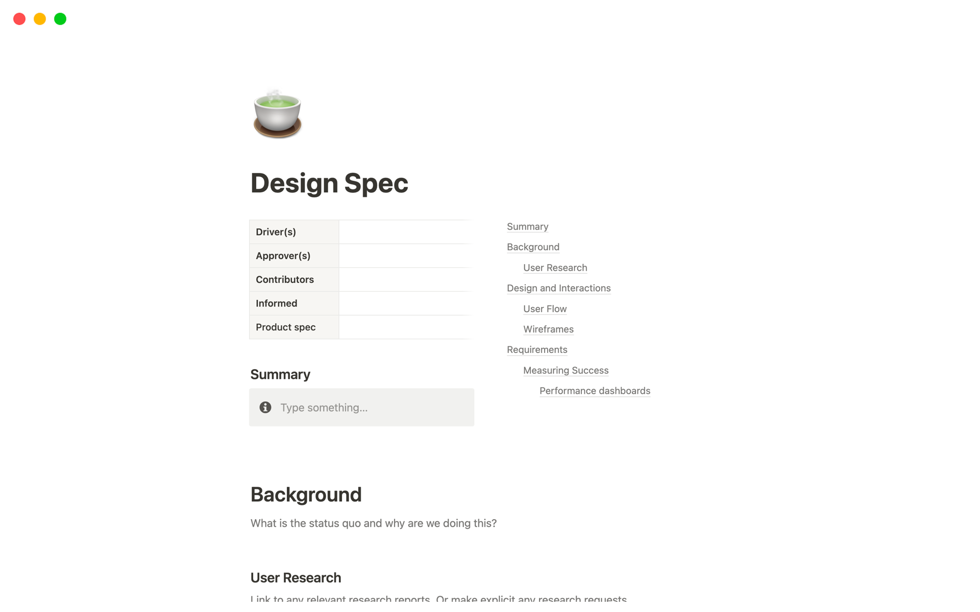 A template preview for Design Spec